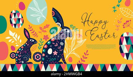 Happy Easter Web-Vorlage Illustration von Retro-Volkskunst Kaninchen mit bunten Blumenschmuck. Klassisches skandinavisches Design für den Frühling Stock Vektor