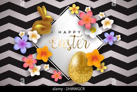 Frohe Ostern Grußkarte Illustration. Farbenfrohe frühlingsblume aus dem jahr 3D mit papiergeschnittentem Kaninchen und Eiern für die traditionelle christliche Feiertagsfeier. Stock Vektor