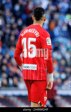 BARCELONA - 20. FEBRUAR: Youssef en-Nesyri in Aktion beim Spiel der La Liga zwischen RCD Espanyol und dem FC Sevilla am 20. Februar 2022 in B im RCDE-Stadion Stockfoto