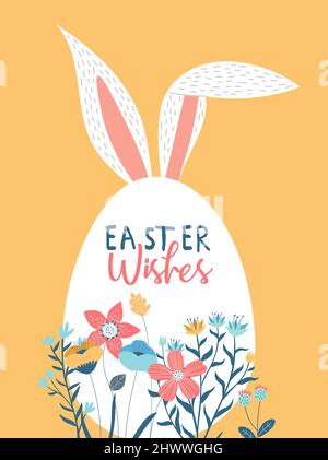 Frohe ostern Grußkarte Illustration von Ei mit Frühlingsblumen und festlichen Feiertag Text Zitat für Feier Veranstaltung oder Party Einladung. Stock Vektor