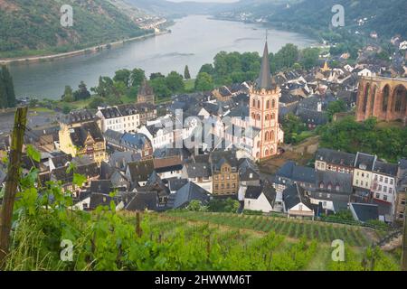 Überblick über Bacharach und die umliegenden Weinberge, Rheinland-Pfalz, Deutschland Stockfoto