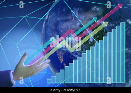 3D Abbildung. Geschäftsmann Hand auf Aktienmarkt Finanzdiagramm Chart Geld oder Wachstumsinvestitionen der Weltwirtschaft Analyse Kurs auf die Wirtschaft Stockfoto