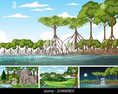 Szene mit wilden Tieren im Wald Illustration Stock Vektor