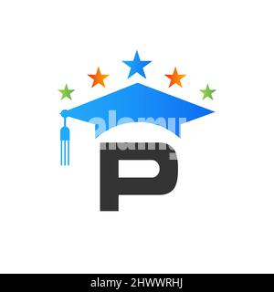 Buchstabe P Education Logo Initial Graduation Cap Konzept. Design-Vorlage für Logos im Bildungsbereich mit Vektorvorlage „P Letter“ für Absolventen Stock Vektor