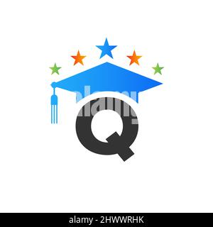 Letter Q Education Logo Initial Graduation Cap Konzept. Design-Vorlage für Bildungslogos mit Vektorvorlage für Q Letter Graduate hat Stock Vektor