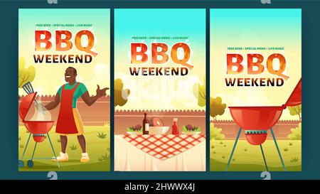 BBQ Wochenende Banner mit Mann kocht Fleisch auf Grill. Vektor-Plakate von Grill-Party mit Cartoon-Illustration von Picknick mit Grill und Tisch mit Lebensmitteln auf Sommerrasen im Park oder Hinterhof Stock Vektor