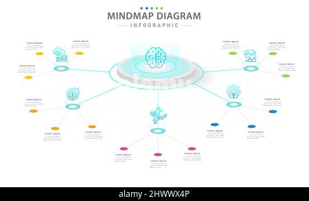 Infografik-Vorlage für Unternehmen. 5 Schritte modernes Mindmap-Diagramm mit futuristischem Stil, Präsentationsvektor-Infografik. Stock Vektor