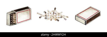 Aquarell Illustration Set von Streichholzschachteln voller roter Streichhölzer. Hol dir die Flamme. Zünden Sie das Feuer an. Verbrannter Holzstab. Handgezeichnete Kritzeleien. Isoliert auf Whit Stockfoto