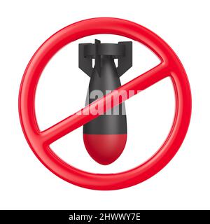 Krieg beenden. Luftbombe und Schild auf weißem Hintergrund verboten. Isolierte 3D-Abbildung Stockfoto