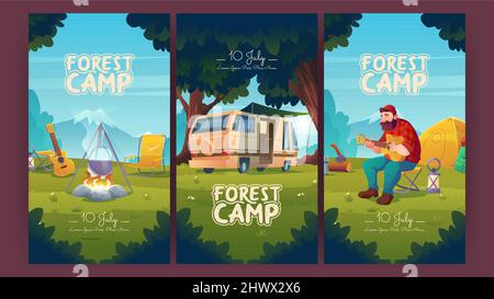 Forest Camp Cartoon Einladung Plakate. Mann Tourist spielt Gitarre auf Berglandschaft Hintergrund mit Zelt, Lagerfeuer und Wohnmobil Wohnwagen. Sommer Camping, Freizeit, Urlaub Wandertour, Vector Anzeigen Flyer Stock Vektor