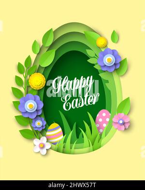 3D geschichtete Papier geschnitten grünen Ei Form Rahmen, Blumen, Blätter, Vektor-Illustration. Frohe Ostern Grußkarte Vorlage. Stock Vektor
