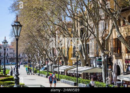 Unbekannte Touristen und Einheimische gehen an einem sonnigen Tag eine Fußgängerzone in Palma Mallorca entlang. Stockfoto