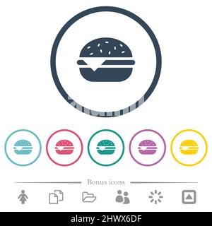 Einzelne Cheeseburger-Symbole in flachen Farben in runden Umrissen. 6 Bonus-Symbole enthalten. Stock Vektor