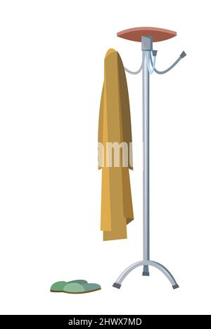 Kleiderbügel im Flur mit Ablage für Hüte und Handschuhe. Hängender Mantel. Hausschuhe. Cartoon-Stil. Objekt auf weißem Hintergrund isoliert. Vektor. Stock Vektor