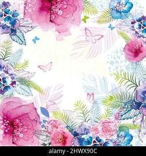 Bunte Rahmenbordüre mit verschiedenen blühenden Wiesenblumen. Natürlicher Hintergrund mit einem Ort für Text. Elegante Blumenkarte. Vektorgrafik Stock Vektor