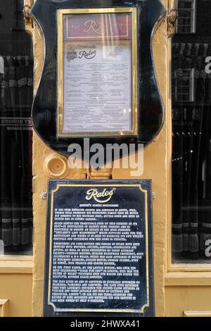 Rules Restaurant, Maiden Lane, Westminster, gegründet 1798, und damit das älteste Restaurant in London, England. Stockfoto