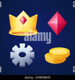 Set Spiel Symbole mittelalterliche goldene Krone, Einstellung Symbol und Münzen und Kristall in Cartoon-Stil isoliert auf weißem Hintergrund. Sammlung Menü Objekte, königliche Elemente. Vektorgrafik Stock Vektor