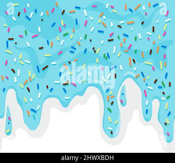 Blauer Frosting mit bunten Streuseln, die auf weißem Hintergrund tropfend sind. Vektorgrafik Stock Vektor