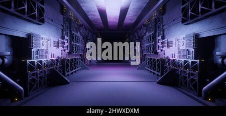 Futuristische Industrieparkplätze Tiefgarage Autolager Garage Studio Rough Modern Reflective Spaceship Tunnel Corridor Showcase Club Neon Light Purpl Stockfoto