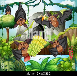 Waldszene mit Gruppe von Fledermäusen in Cartoon-Stil Illustration Stock Vektor