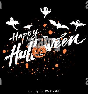 Vektor Happy Halloween dunklen Hintergrund mit orangen Kürbis und Blutflecken, weiße Hand gezeichnet Schriftzug Happy Halloween und fliegende Fledermäuse, Geister. Elega Stockfoto