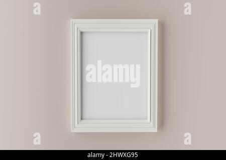 Weiße Fotorahmen im Hochformat auf beigefarbener Wand. 3D Rendern Stockfoto