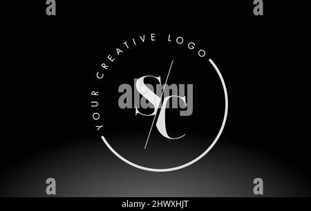 Design mit weißem SC-Logo mit „Creative Intersected“- und „Cut“-Serif-Schrift. Stock Vektor