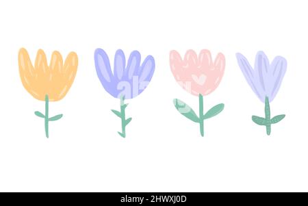 Set von niedlichen Vektor-Blumen. Niedliches, flaches Cartoon-Design. Bunte Tulpen handgezeichnet im Kinderstil. Stock Vektor