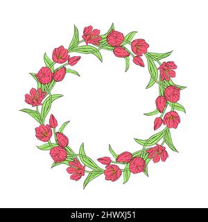 Rosa Linie Kunst Tulpen Blumen Kranz isoliert auf weiß Stock Vektor
