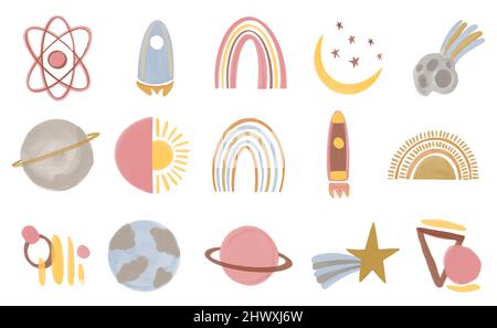 Big Vector Sammlung von Raumobjekten im Boho-Stil. Handgezeichnetes Aquarell-Set für die Einrichtung im Kinderzimmer. Boho Baby Set. Stock Vektor