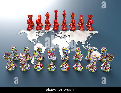 Symbol für Krieg und Geopolitik in der Welt mit Schachfiguren. Sowjet gegen die Welt. Stockfoto