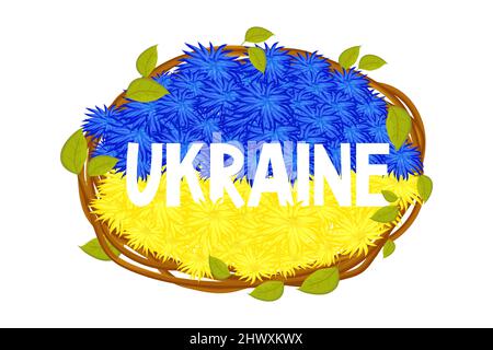 Ukrainische Flagge, Nationalflagge aus Blumen Text Ukraine mit zwei Farben blau und gelb, Rahmen aus Stäben mit Blättern im Cartoon-Stil. Elemente für das Design. . Vektorgrafik Stock Vektor