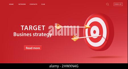 Webbanner zur Marketingstrategie mit 3D Render-Zieltafel mit Pfeilen auf rotem Hintergrund, digitales Symbol Stock Vektor