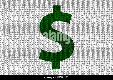 Dollar-Währungssymbol im Binärcode, bestehend aus 0 und 1. Stellt die Sicherheit digitaler Cyberbanken und Hacker-Angriffe dar Stockfoto