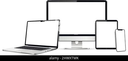 Realistisches Geräteset: Monitor, Laptop, Tablet und Smartphone Stock Vektor