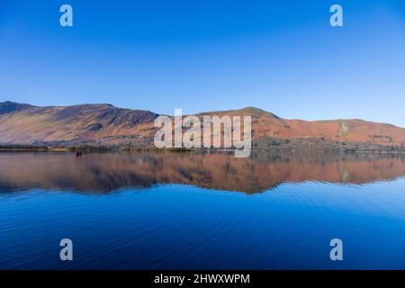 Katzenglocken spiegeln sich im Derwent Water im Lake District, England Stockfoto