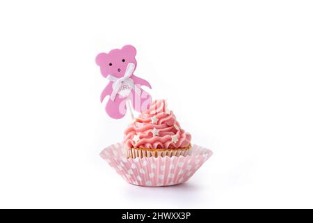 Rosa Cupcake für Baby-Dusche isoliert auf weißem Hintergrund Stockfoto