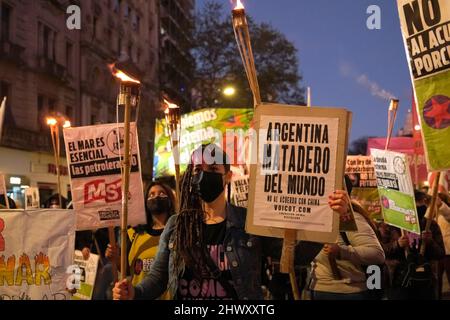 CABA, Buenos Aires, Argentinien; 24. September 2021: Text der Unterschrift: Argentinien, Schlachthof der Welt. Nein zum Abkommen mit China. Junge Aktivisten prote Stockfoto