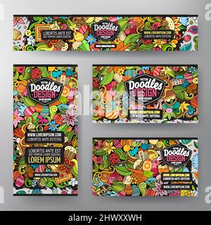 Cartoon Vektor Doodle Satz von Ostern Corporate Identity Vorlagen. Bunte lustige Banner, id-Karten, Flayer für den Einsatz auf Branding, Einladungen, Karten Stock Vektor