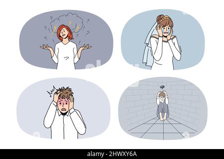 Gruppe von aufgeregten weinenden Menschen fühlen sich bekümmert, mit psychischen oder psychischen Problemen zu kämpfen. Sammlung von frustrierten verärgert Männer und Frauen mit Depressionen oder Panikattacken gestresst. Vektor. Stock Vektor