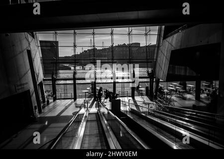 Das Innenatrium des Black Diamond Addition der Königlichen Dänischen Bibliothek in Kopenhagen, Dänemark. Stockfoto