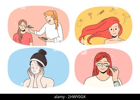 Set von Frauen kümmern sich um Gesicht und Haut machen Schönheitsverfahren und Behandlung. Sammlung von Mädchen tun Make-up Genießen Sie Kosmetologie und Spa Hautpflege. Kosmetikerin und Kosmetik. Vektorgrafik. Stock Vektor