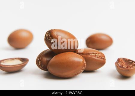 Argan-Samen auf weißem Hintergrund isoliert. Arganöl Nüsse mit Pflanze. Kosmetik und natürliche Öle Hintergrund. Hochwertige Fotos Stockfoto