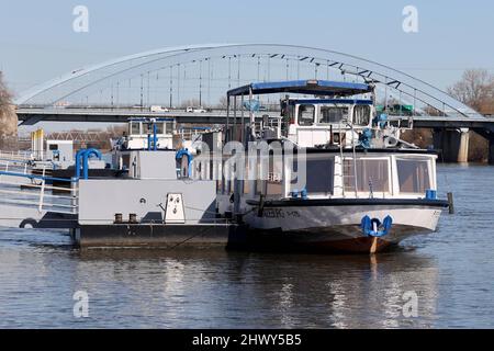 Magdeburg, Deutschland. 08. März 2022. Die Passagierschiffe der Weißen Flotte Magdeburg werden ab heute an ihren Landestungsphasen in Petriförder in der Landeshauptstadt vertäut. Ab März 19 können Passagiere wieder auf der Elbe reisen. Das fast wolkenlose Wetter wird in den kommenden Tagen für die höchsten Temperaturen um zehn Grad sorgen, während die Temperaturen in den frühen Morgenstunden frostig sein können. Quelle: Peter Gercke/dpa-Zentralbild/ZB/dpa/Alamy Live News Stockfoto