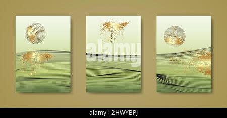 Japanische Landschaft Hintergrund Set Karten schwarze Linie Welle Muster Vektor Illustration. Gold grün abstrakte Vorlage geometrische gewellte Textur. Berg Stock Vektor