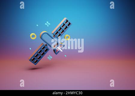 Schöne abstrakte Illustrationen Satellitensymbol-Symbol auf einem hellen farbigen Hintergrund. 3D Rendering-Illustration. Hintergrundmuster für Design. Platz Stockfoto