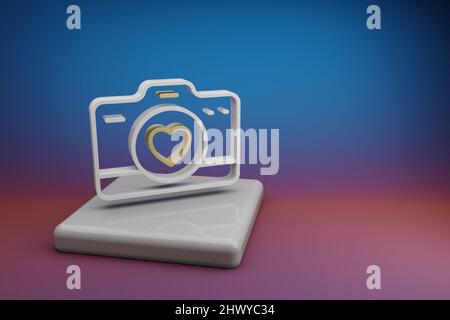 Wunderbare Digitalkamera mit Herz-Symbol-Symbolen auf einem Keramikständer und einem hellen farbigen Hintergrund. 3D Rendering-Illustration. Hintergrundmuster für d Stockfoto