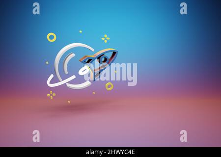 Schöne abstrakte Illustrationen Rakete und Start Symbol-Symbol auf einem hellen farbigen Hintergrund. 3D Rendering-Illustration. Hintergrundmuster für Design Stockfoto