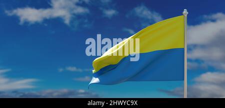 Flagge der Ukraine. Ukrainisches nationales Zeichen winkt auf einer Stange, blauer Himmel mit Wolkenhintergrund, Banner. 3D Rendern Stockfoto