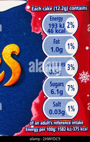 nutritional information reference intake labelling information on box of McVities Jaffa Cakes orange & cranberry flavour Stockfoto